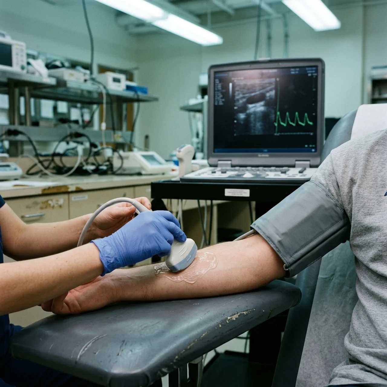 A clinician measuring flow-mediated dilation with an ultrasound probe on a patient's arm in a vascular lab