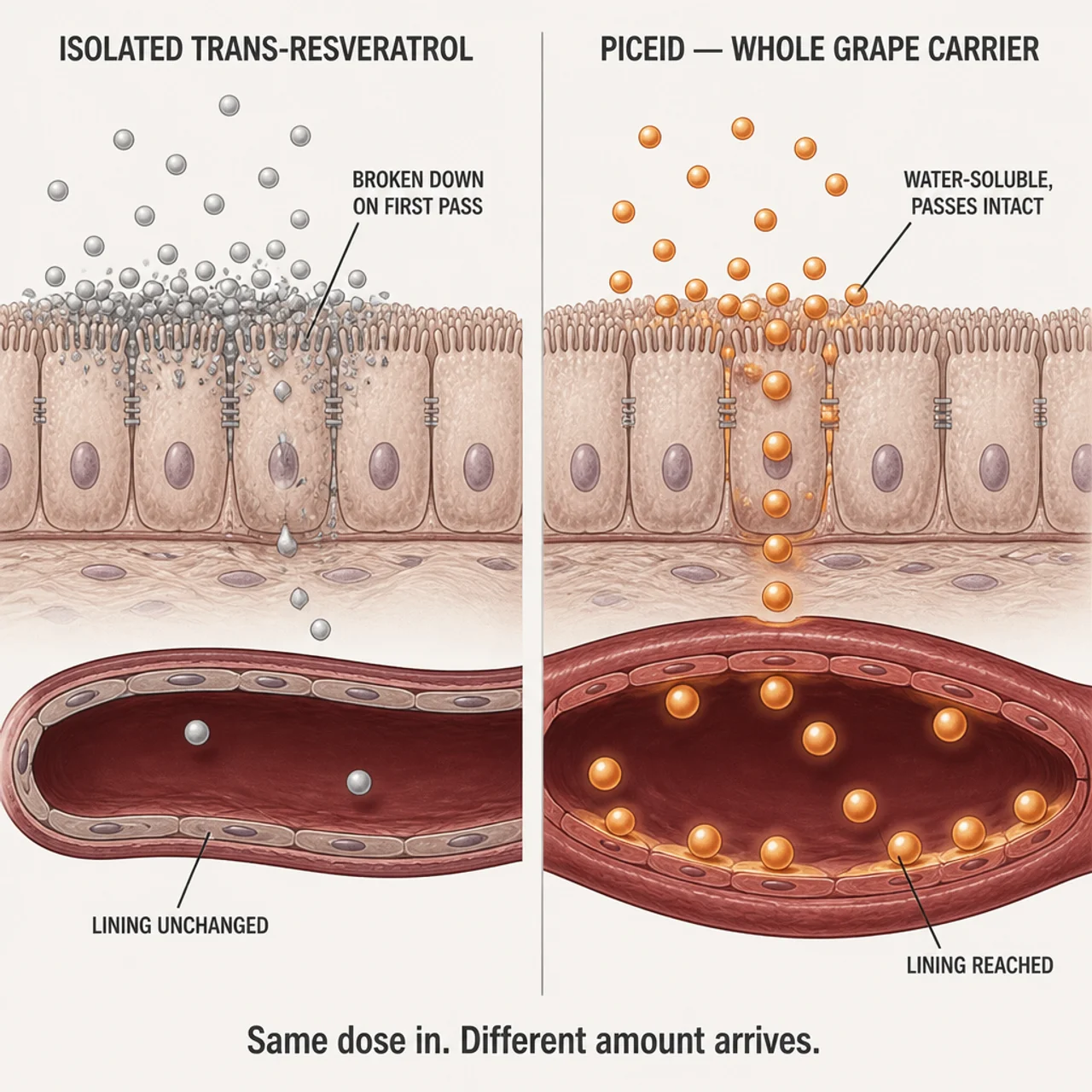 Diagram comparing isolated trans-resveratrol broken down on first pass with water-soluble piceid reaching the artery lining intact
