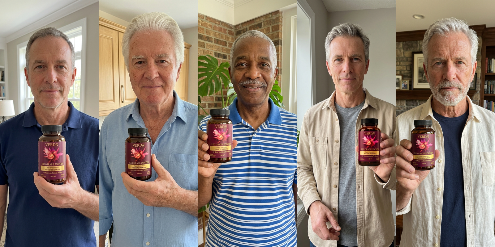 Five verified Verda customers at home, each holding their bottle of Red Grape Powder